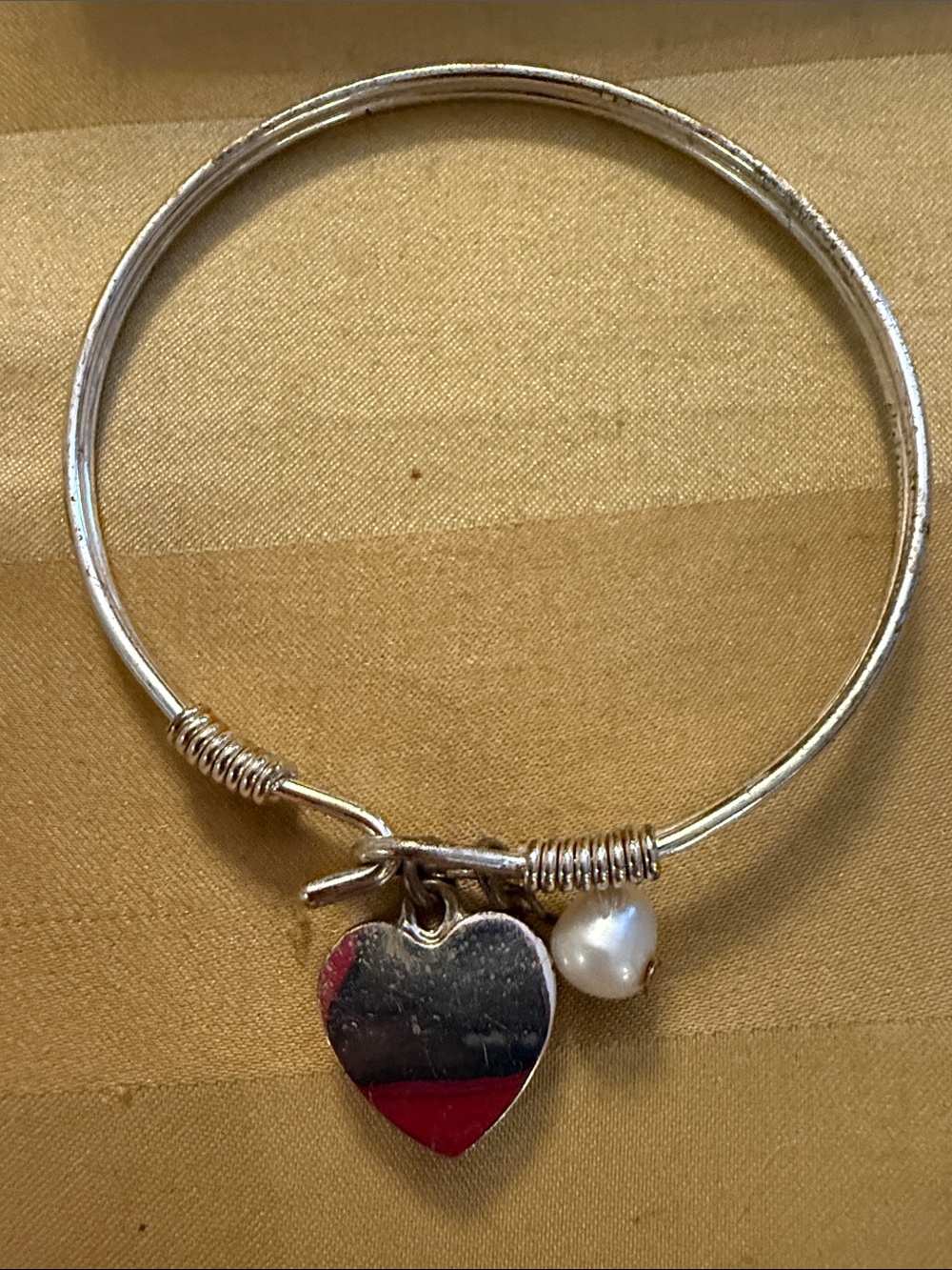 Silver Heart Charm Bangle Bracelet with Pearl Accent - Silver